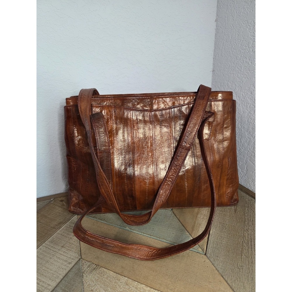 Vintage 1960s/70s Victory Eel Skin Shoulder‎ Bag Cognac Brown Tote Leather